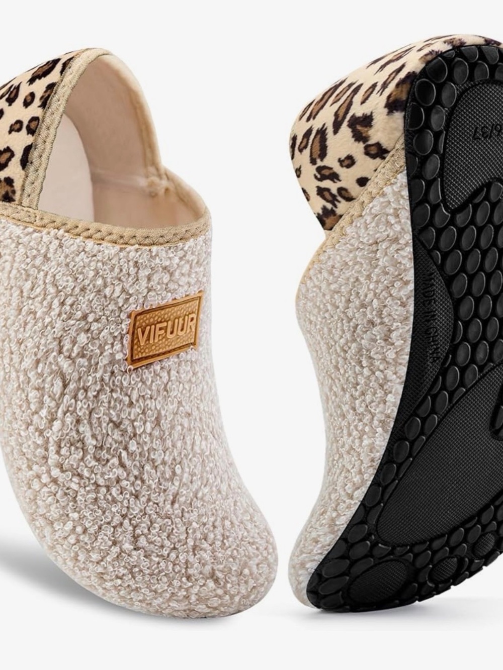 Cream Sherpa Slippers with Leopard Trim